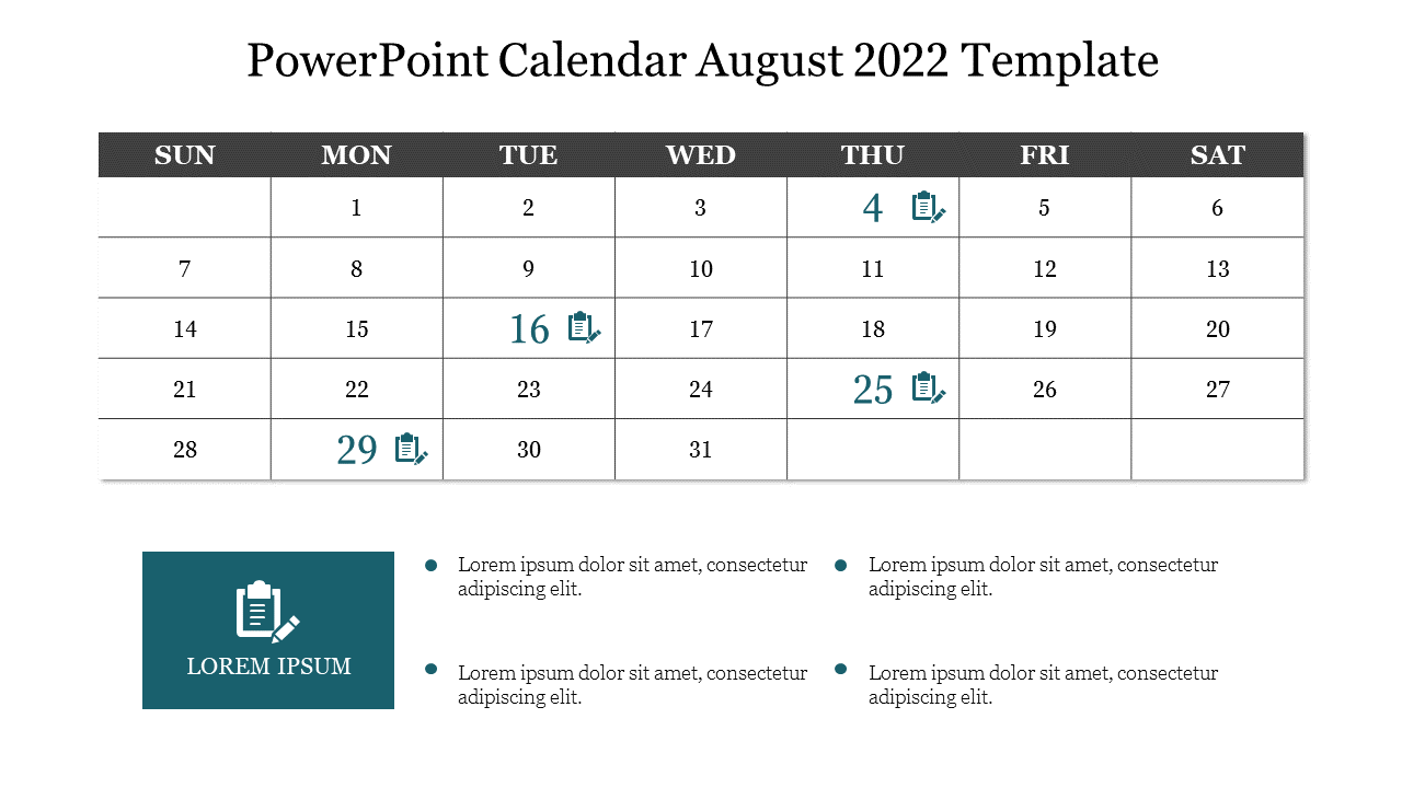 PowerPoint Calendar August 2022 Template
